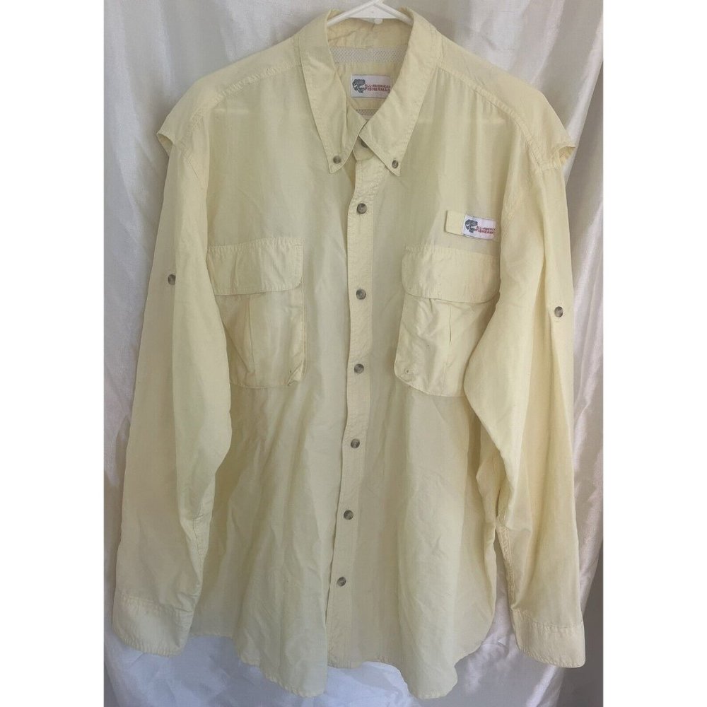 VTG All American Fisherman Shirt Mens Yellow Long Sleeve Vented Fishing‎ Outdoor